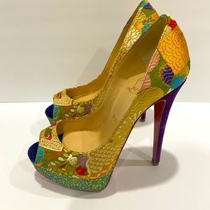 Christian Louboutin Lady Peep 150 tissu Dragon Glitter Pollen Pumps size 8 (38)